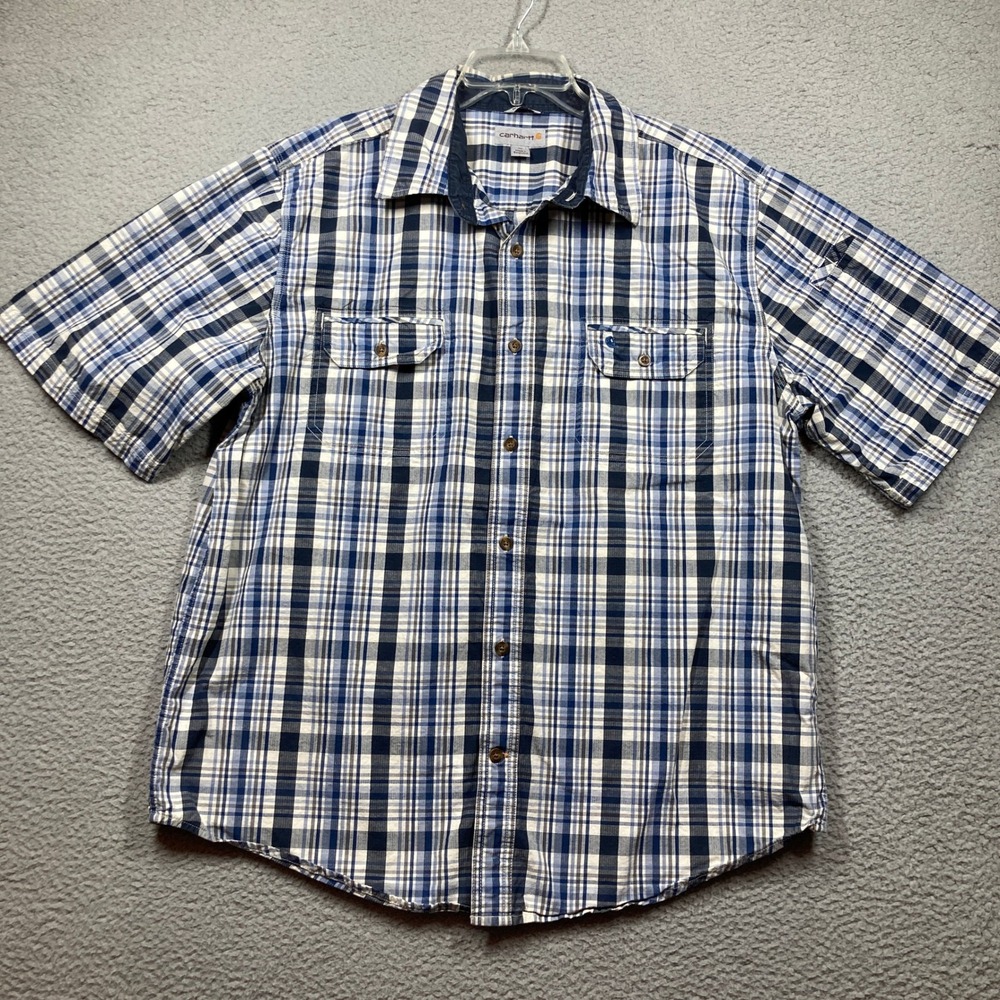 Carhartt Button Up‎ Shirt Mens XL Blue Plaid Short Sleeve Relaxed Fit Casual
